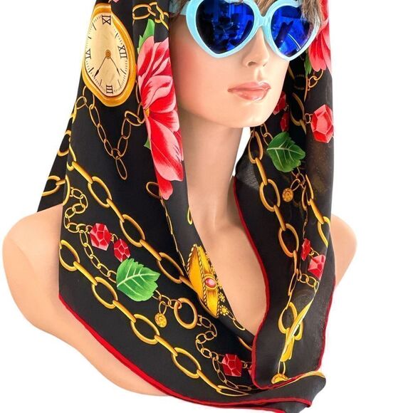 Vintage BILL BLASS SILK  roses, pocket watches, chain scarf-black red gold - Picture 2 of 9